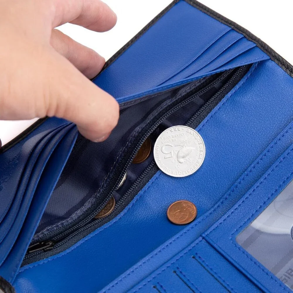 Men's Bifold Long Wallet Card Blue Real Leather Zipper Coin Pocket Design